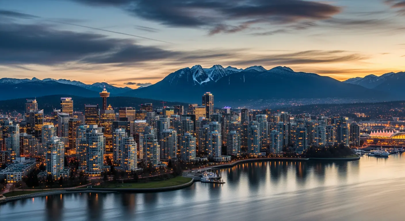 Vancouver downtown skyline at dusk with False Creek and North Shore mountains