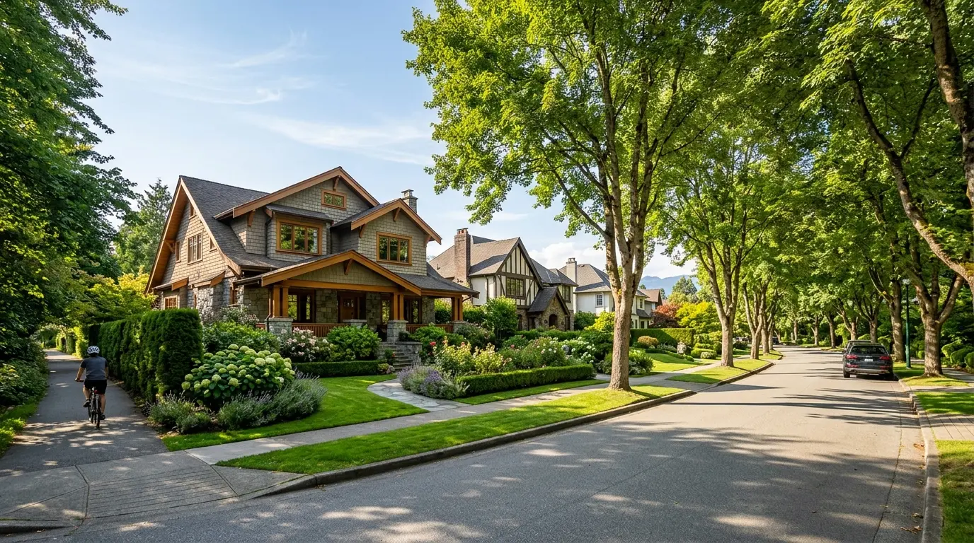 Tree-lined residential street in Arbutus Ridge, Vancouver West Side with large character homes and mature landscaping on a bright day