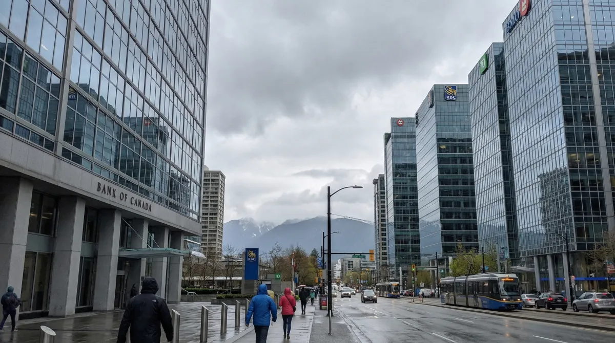 Vancouver financial district glass towers with Bank of Canada emblem and North Shore mountains under overcast sky
