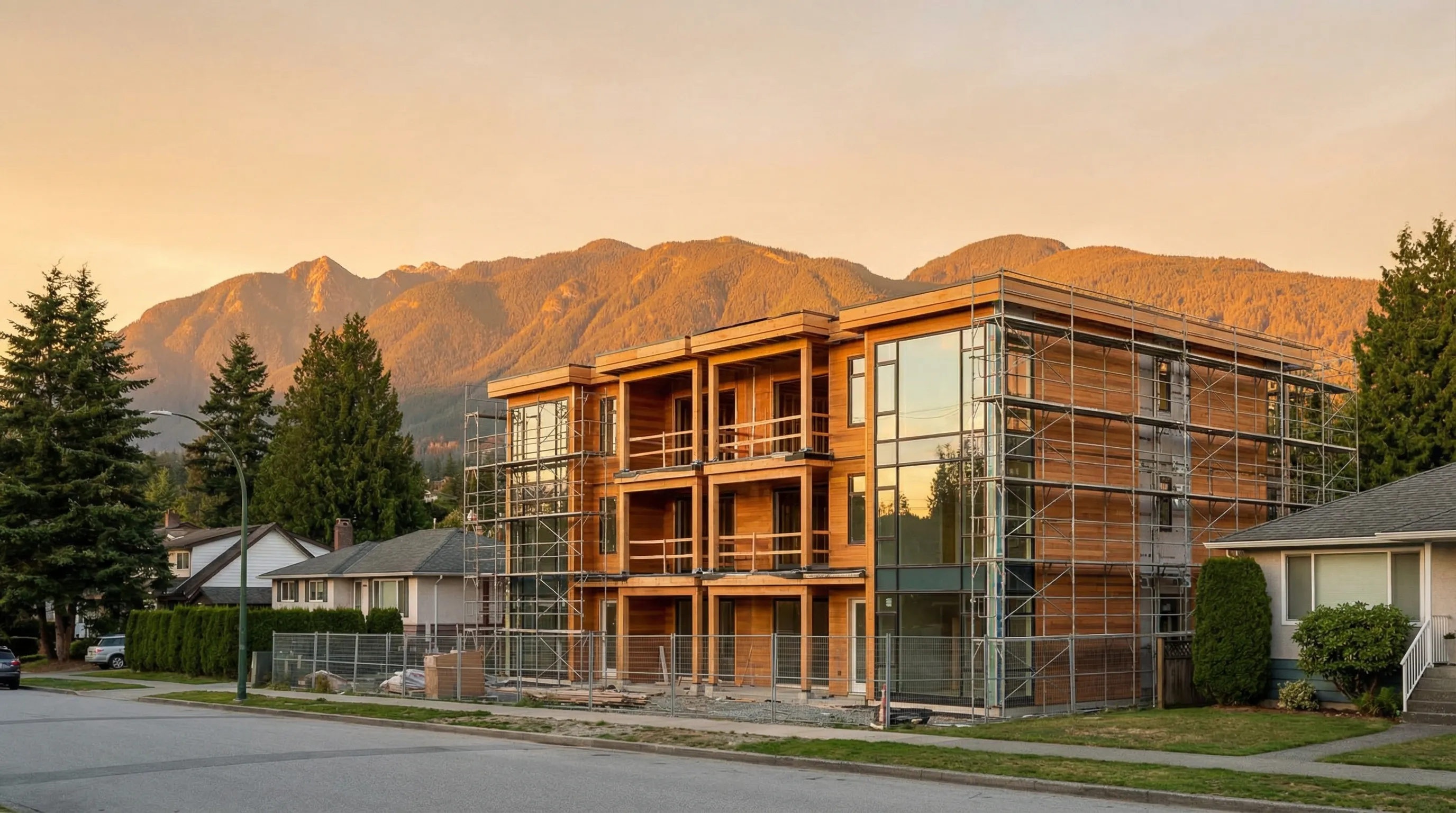 Modern multiplex under construction in Vancouver with North Shore mountains in background
