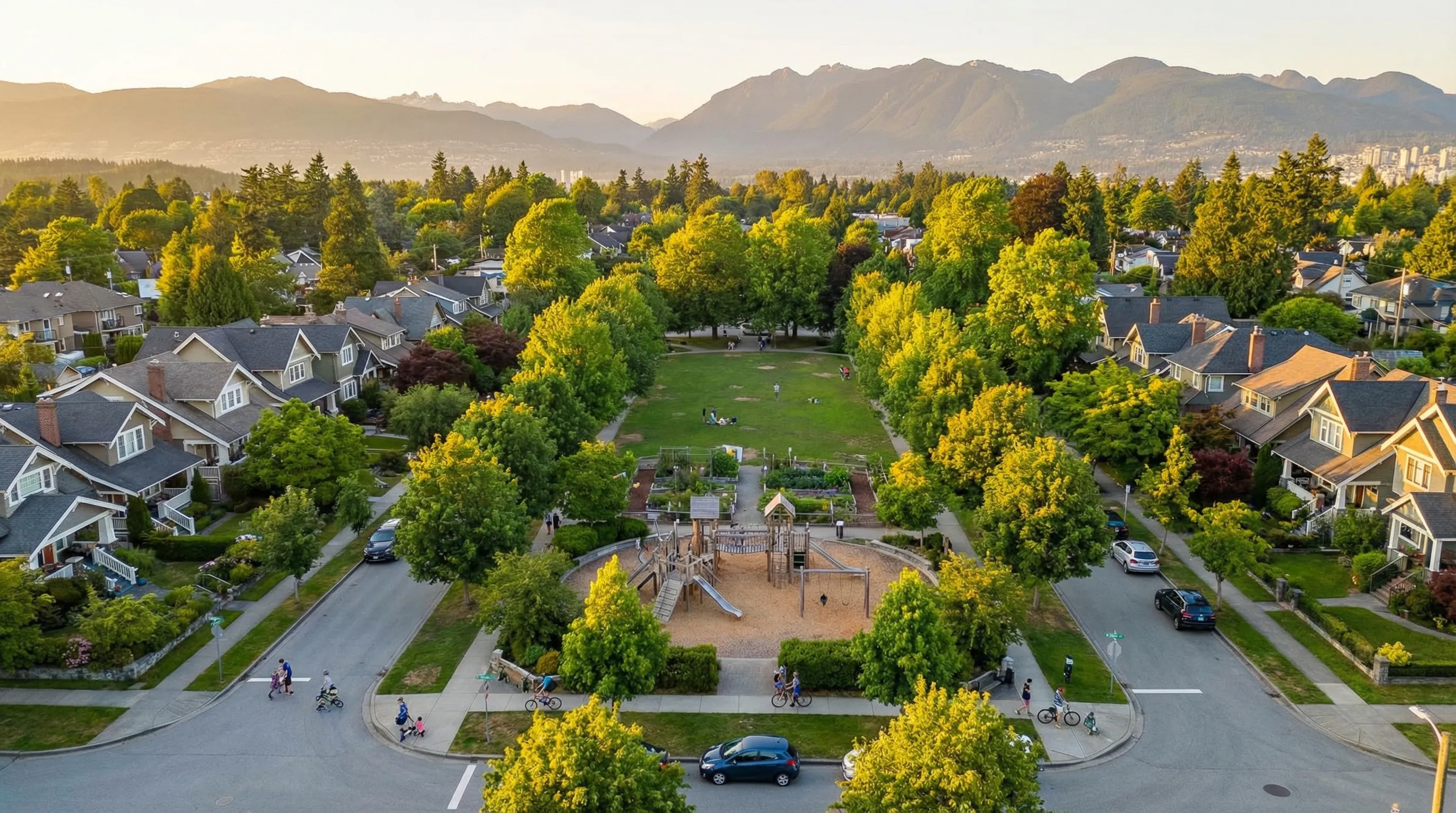 Aerial view of family-friendly Vancouver neighbourhood with playground, parks, and craftsman homes