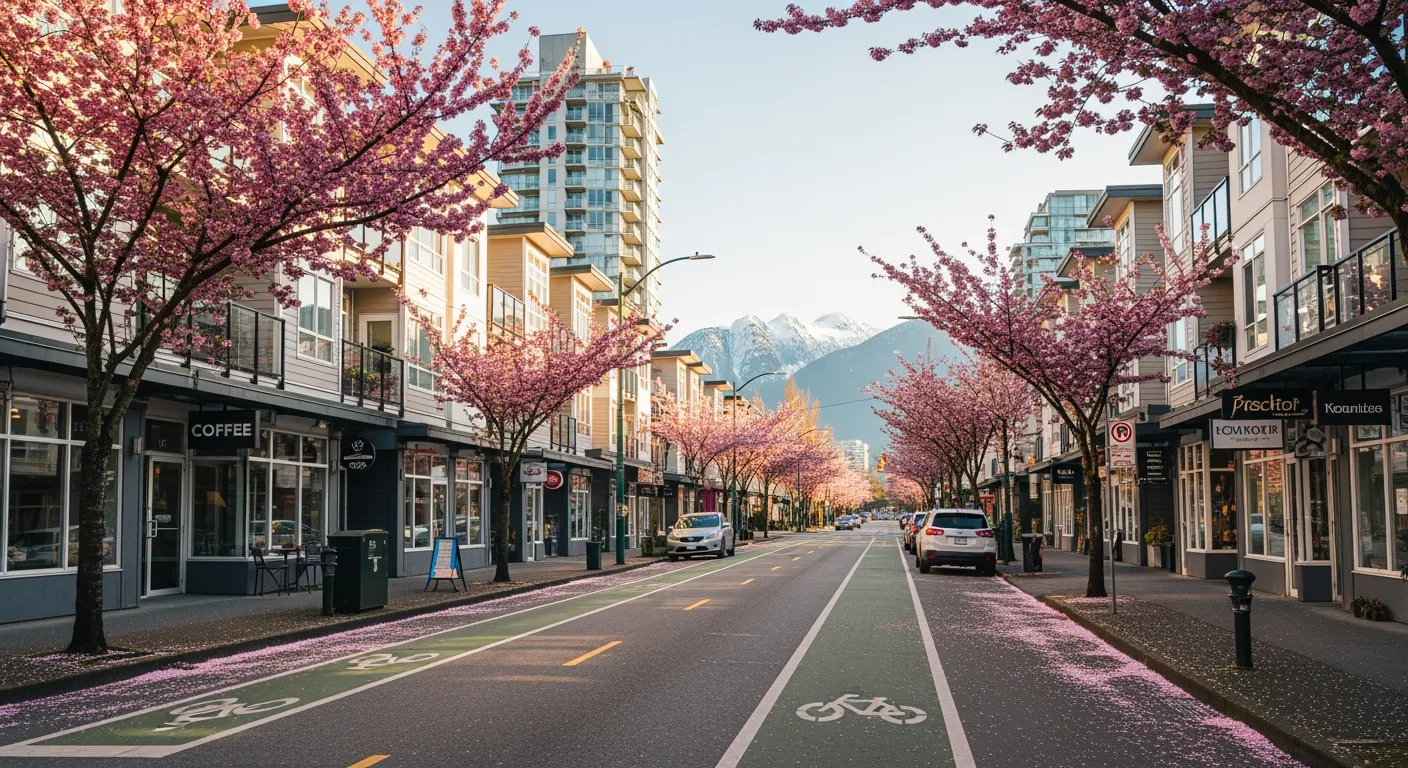 Tree-lined Vancouver street with cafes and mixed-use buildings at golden hour with North Shore mountains in background