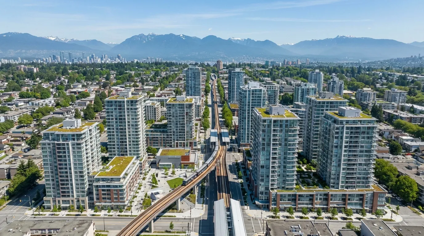 Aerial view of Vancouver Broadway corridor with transit-oriented development and North Shore mountains