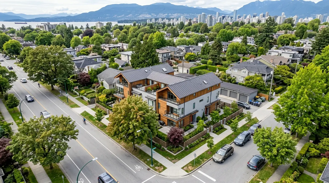 A Vancouver corner lot with two street frontages and mature street trees, suited to a small multiplex development