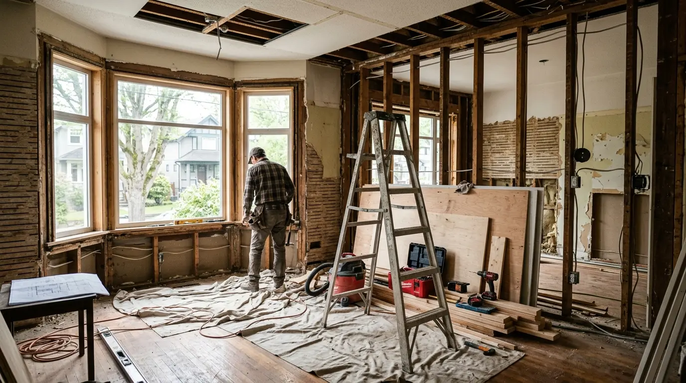 An older East Vancouver character house mid-renovation with scaffolding, exposed framing through a front window, and a permit notice taped to the door