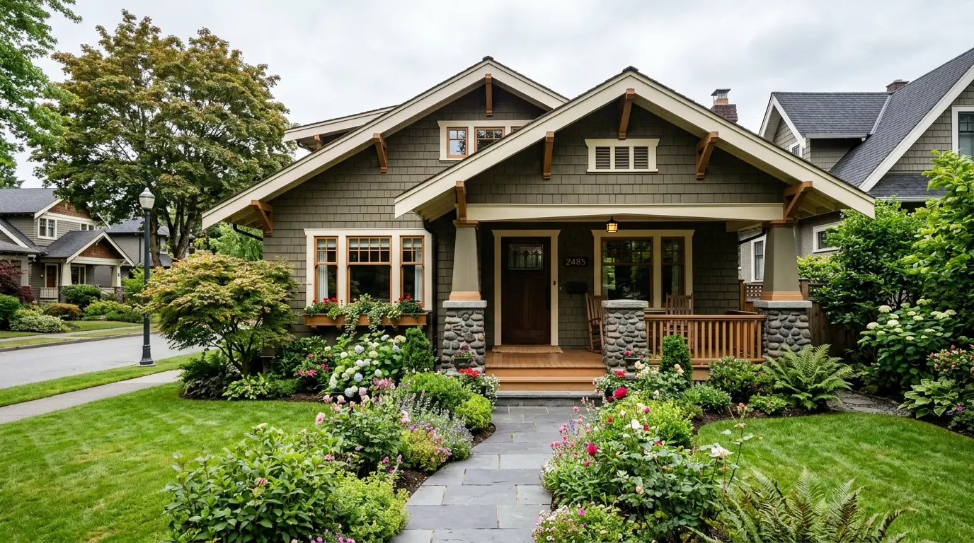A restored 1920s Craftsman character home in East Vancouver with a covered front porch, exposed rafter tails, and mature trees on a deep lot