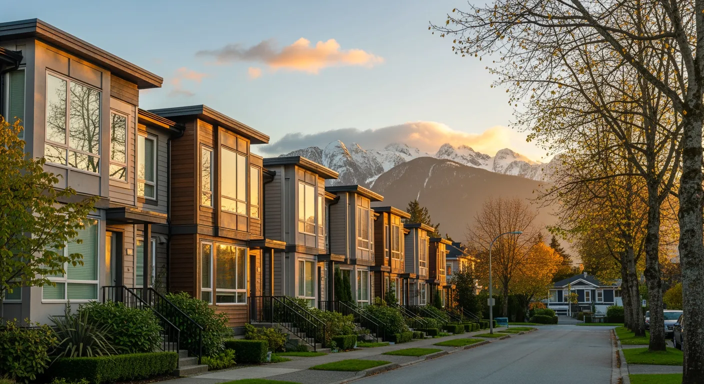 Row of modern Vancouver townhouses with West Coast architecture and mountain backdrop