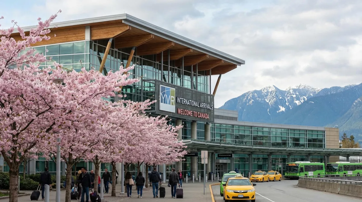 Vancouver International Airport arrivals terminal exterior with spring cherry blossoms and North Shore mountains