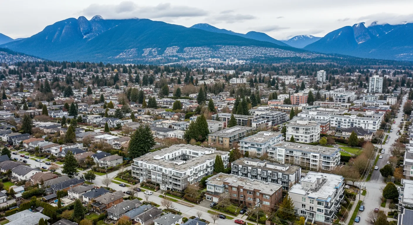 Vancouver skyline with construction cranes and residential towers against cloudy spring sky viewed from False Creek