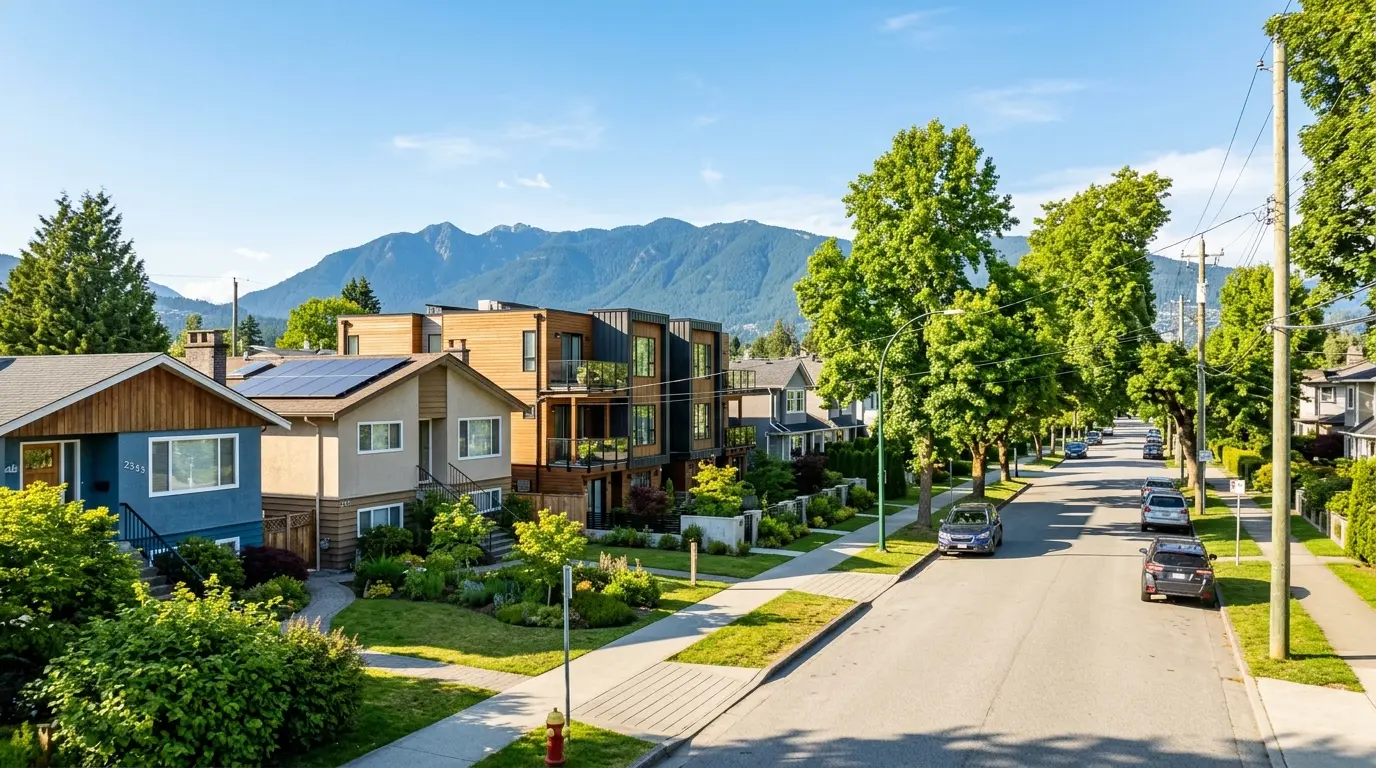 Residential street in Collingwood, East Vancouver with mid-century homes, newer townhouses, and mountains in the distance on a summer afternoon