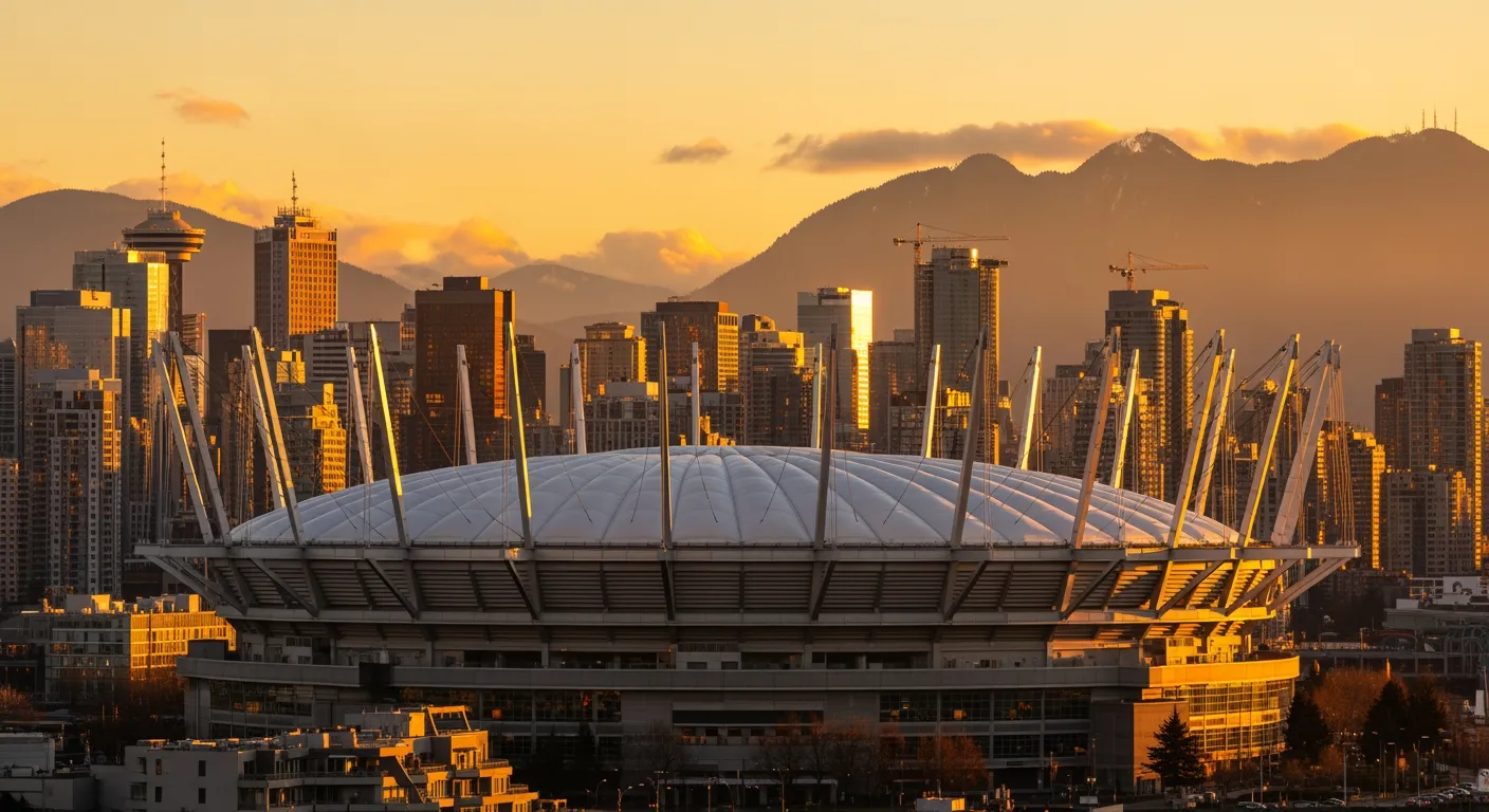 BC Place stadium in Vancouver with city skyline and False Creek waterfront during summer evening