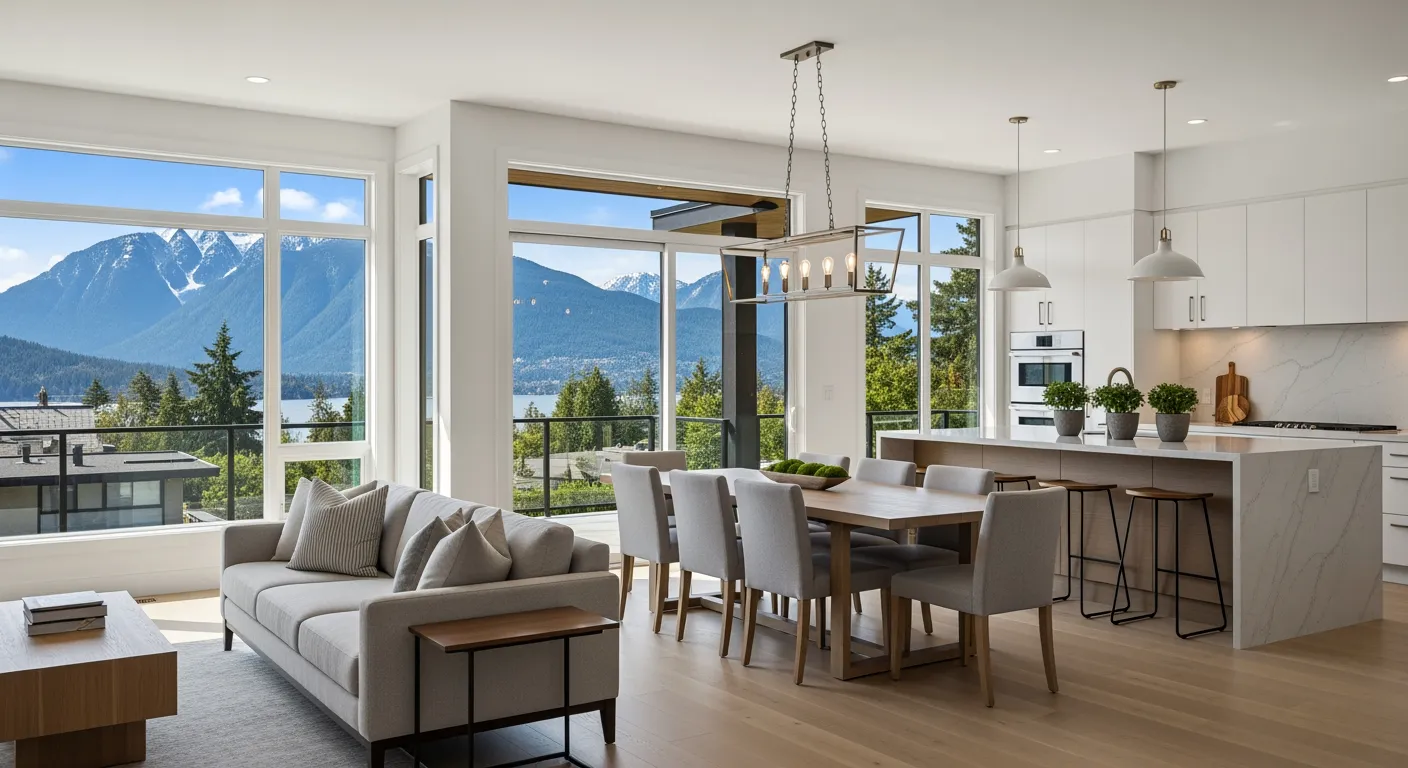 Young couple reviewing home purchase documents at a Vancouver kitchen table with city skyline through the window
