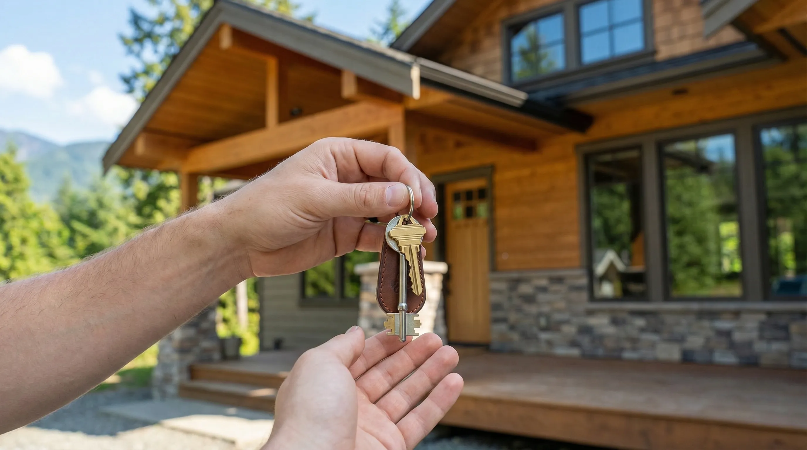House keys being handed over in front of a beautiful Vancouver home