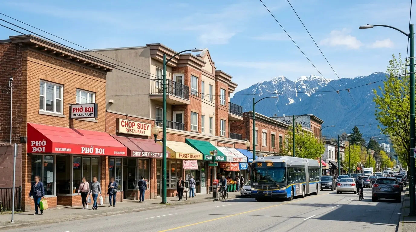 Fraser Street corridor in East Vancouver with mixed-use shops, cafes, and character homes on a leafy side street in summer