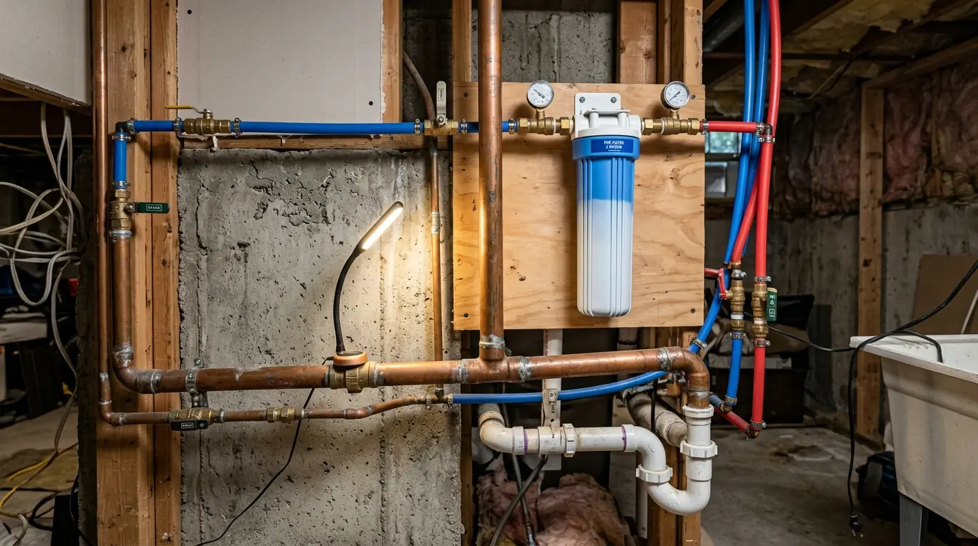Close-up of aged copper plumbing pipes and a hot water tank in the basement of an older Vancouver house