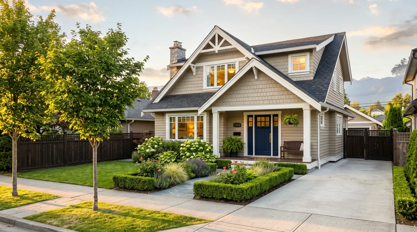 Beautifully staged craftsman home exterior in Vancouver with manicured garden, navy front door, and North Shore mountains in the background
