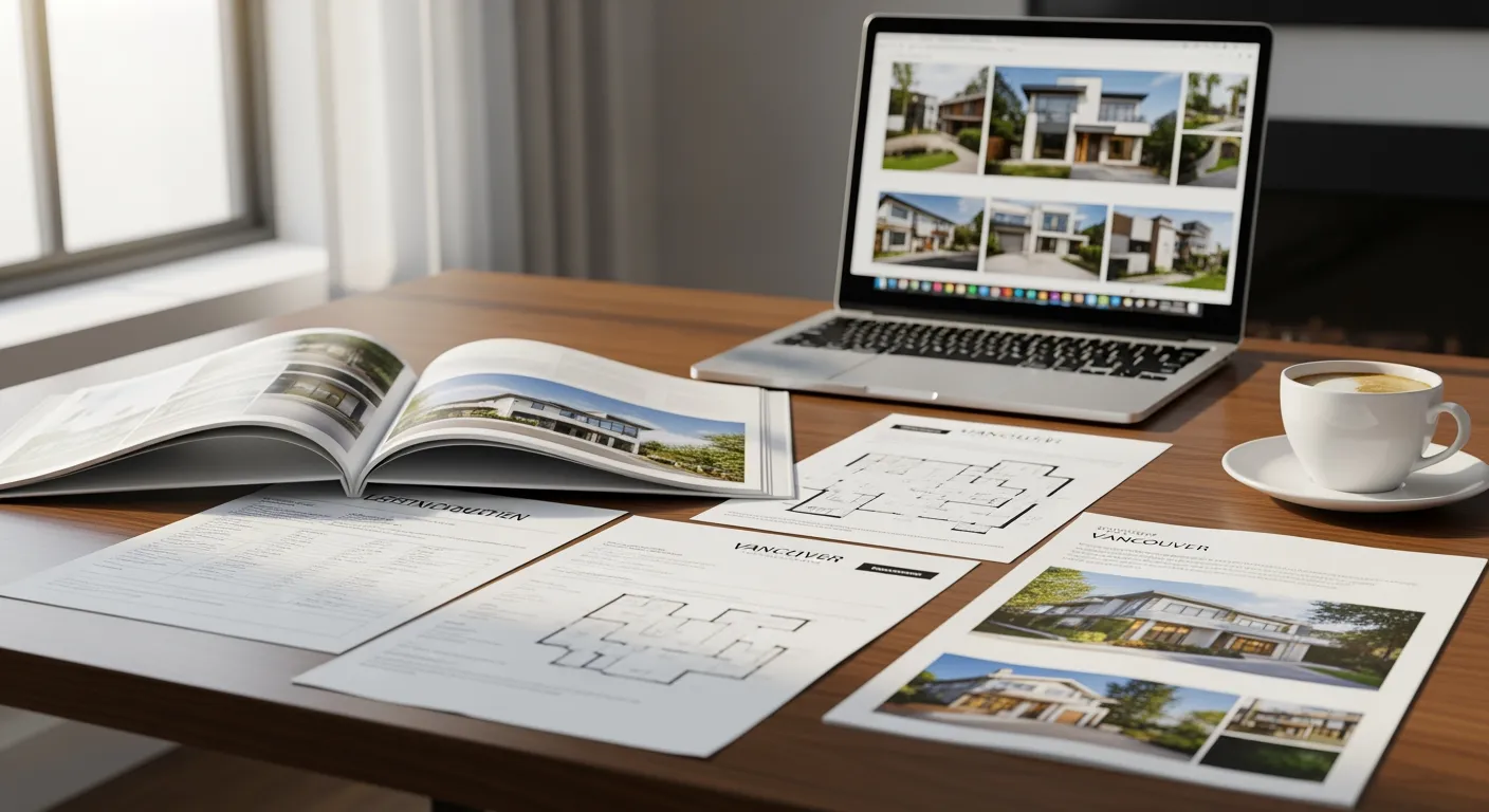 Real estate listing documents on a desk with a laptop showing Vancouver MLS search results