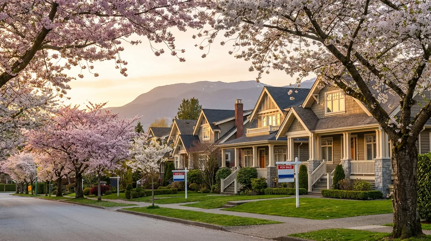 Vancouver residential street with cherry blossoms and for sale signs during spring market season