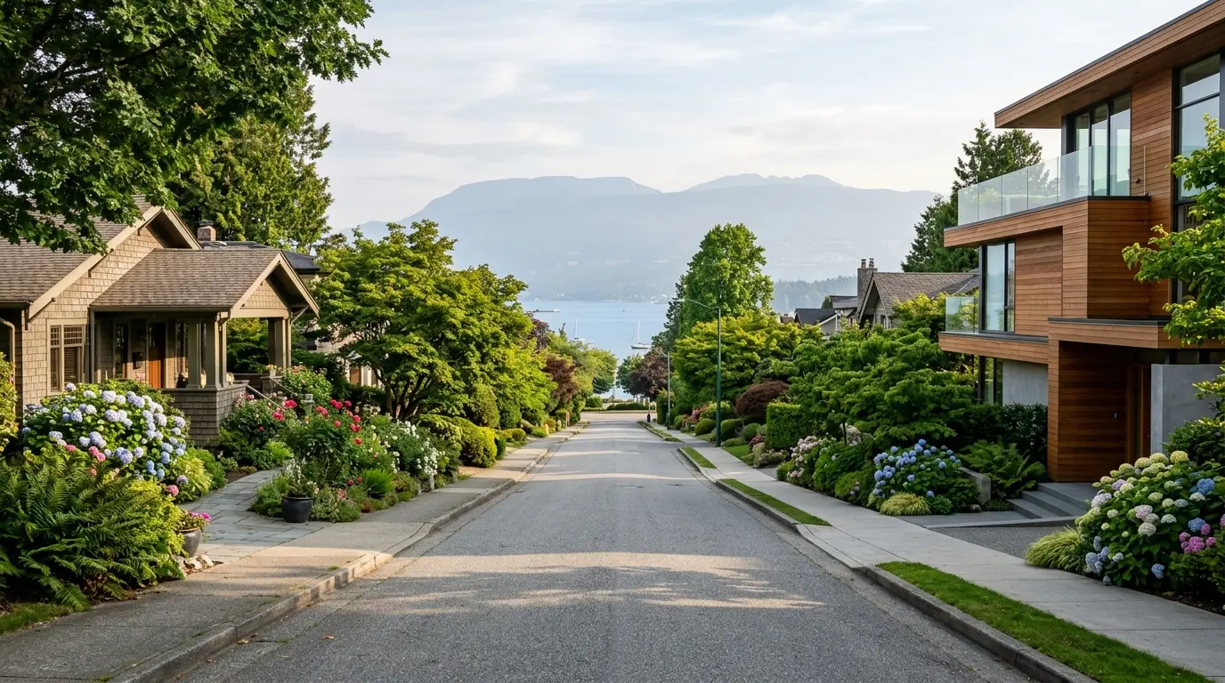A quiet Vancouver west-side residential street in late summer morning light, with a glimpse of English Bay and the North Shore mountains in soft background haze