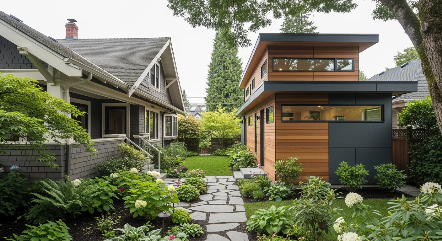 Modern laneway home behind a single-family house on a tree-lined Vancouver residential street