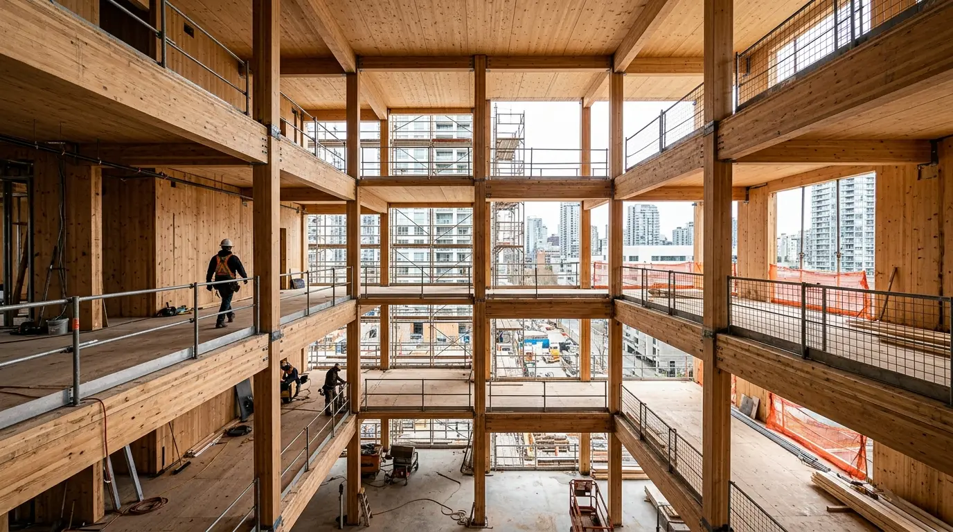 Cross-laminated timber panels being craned into place on a small Vancouver multiplex construction site, with exposed wood structure visible under a clear sky