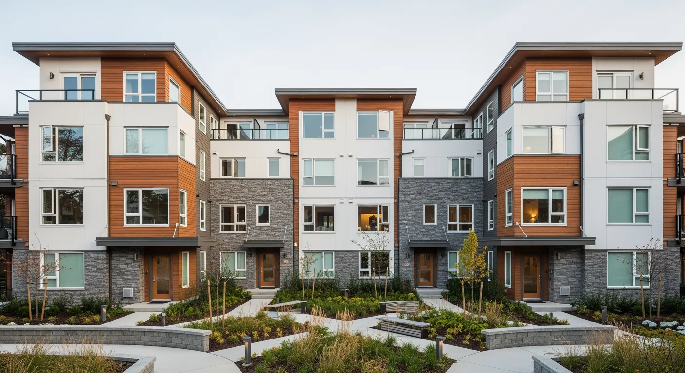 Modern Vancouver multiplex building with separate entrances and landscaped front yard on a residential street
