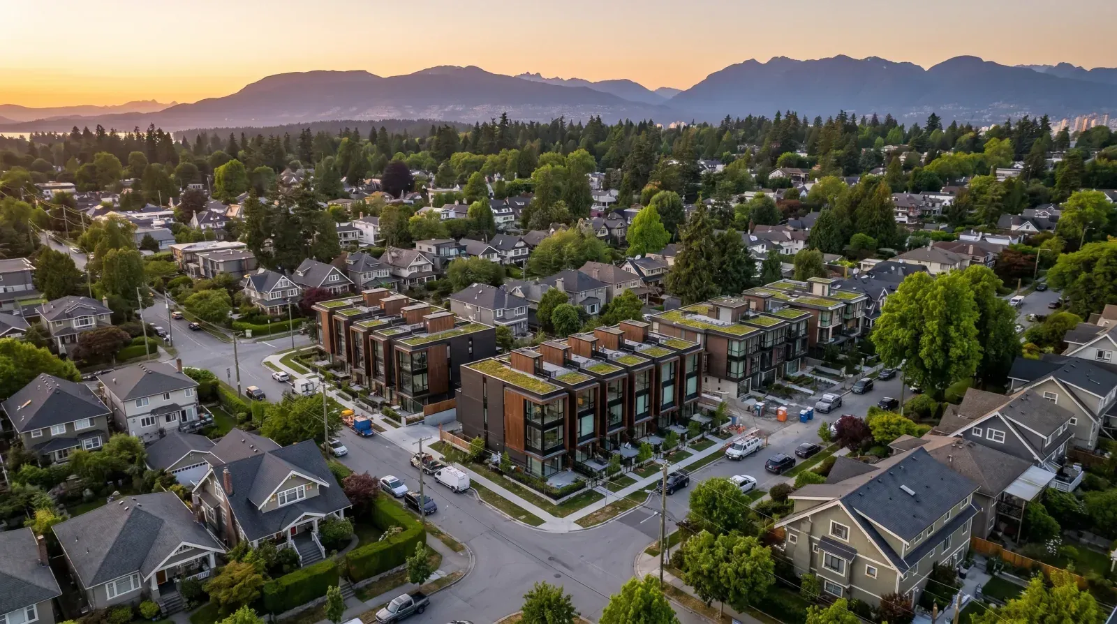 Architectural rendering of a modern multiplex development in a Vancouver neighbourhood