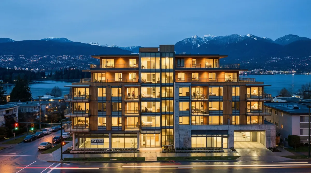 Modern Vancouver rental apartment building at twilight with North Shore mountains in background