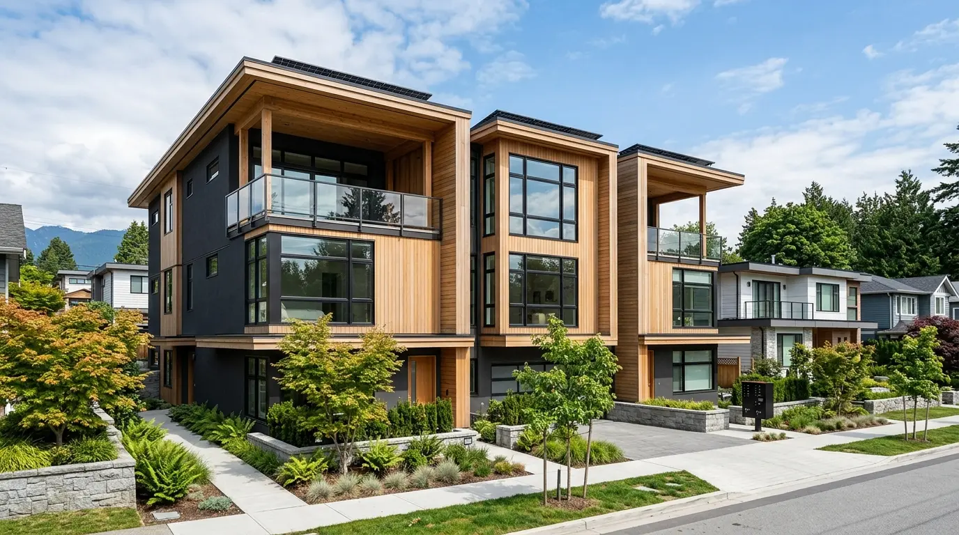 Modern Vancouver multiplex under construction with thick insulated walls and triple-pane windows, showing high-performance building details on a clear day