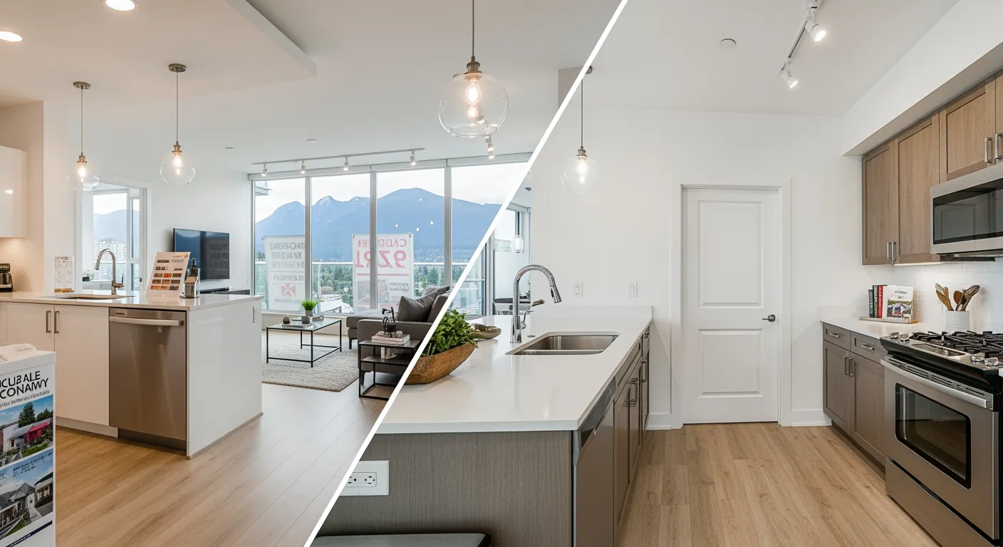 Split view of a Vancouver pre-sale condo showroom and a resale condo living room with city views