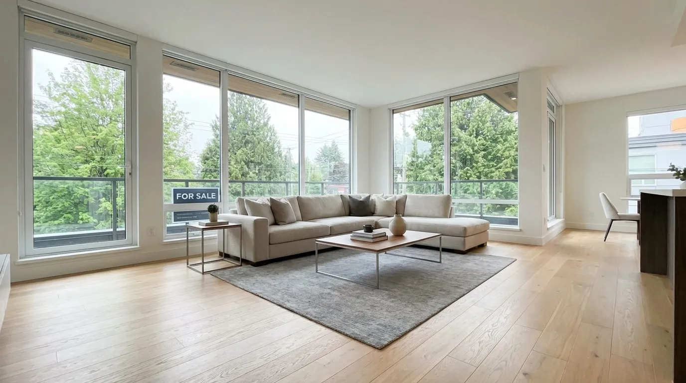 Bright modern Vancouver living room with large windows and hardwood floors during an open house viewing