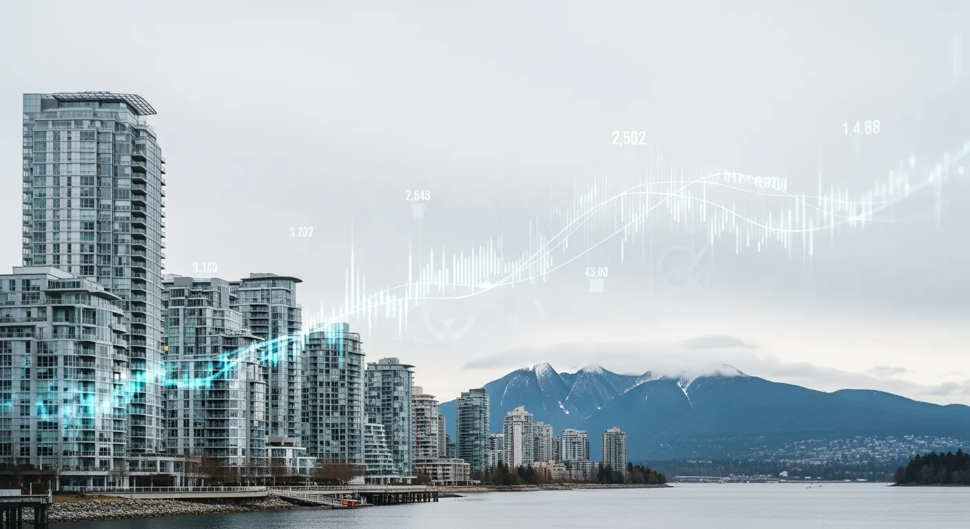 Aerial view of Metro Vancouver residential neighbourhoods with mountains and ocean in winter