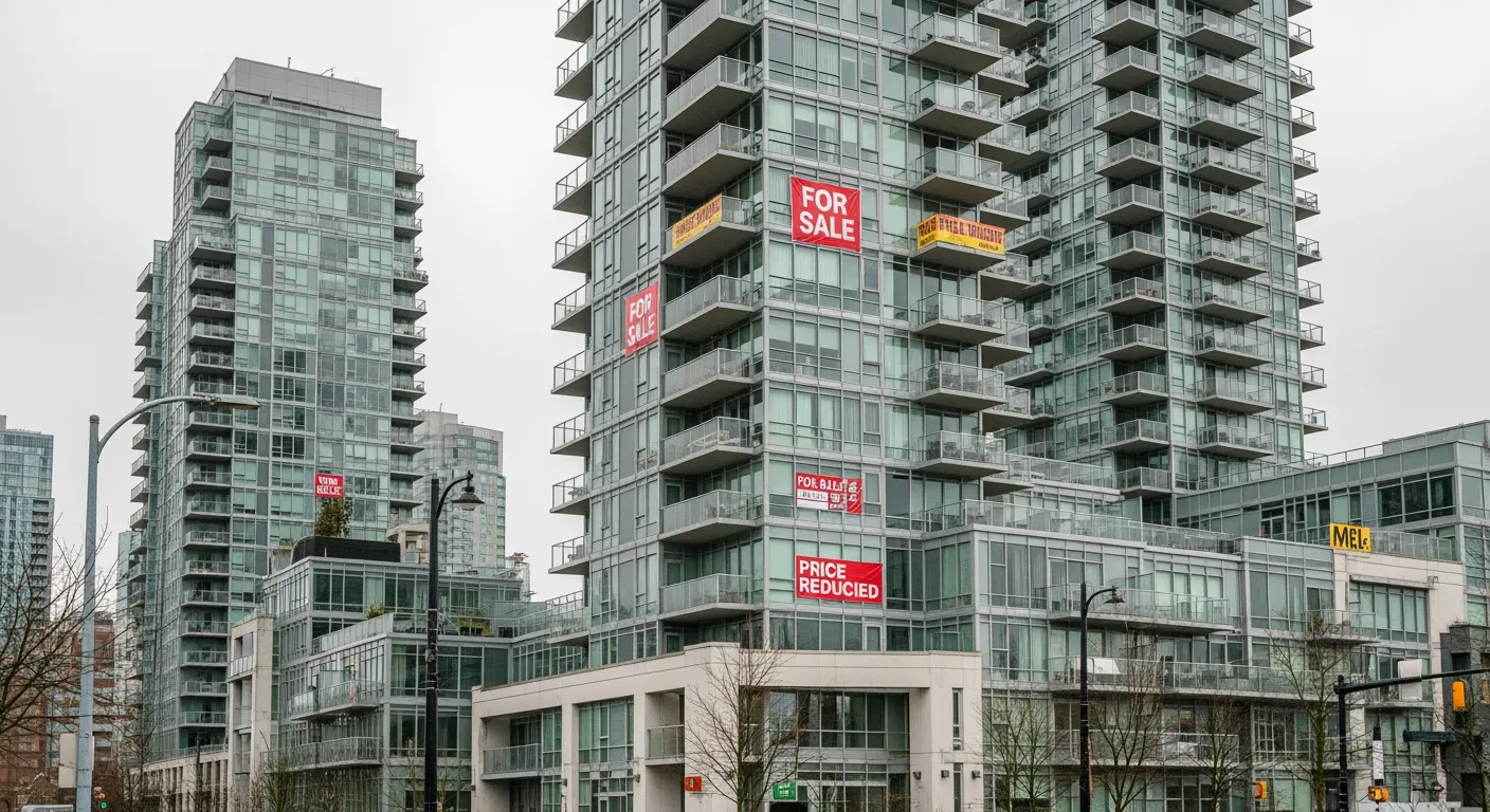 Modern Vancouver condo tower at golden hour with North Shore mountains and waterfront in background