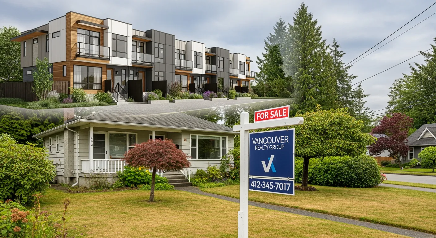 Vancouver single-family house on a wide lot with construction plans and a For Sale sign on a spring day