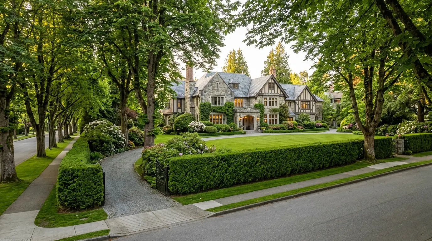 A grand heritage mansion behind mature hedges on a tree-lined Shaughnessy street in Vancouver, with a curving driveway and large lawn