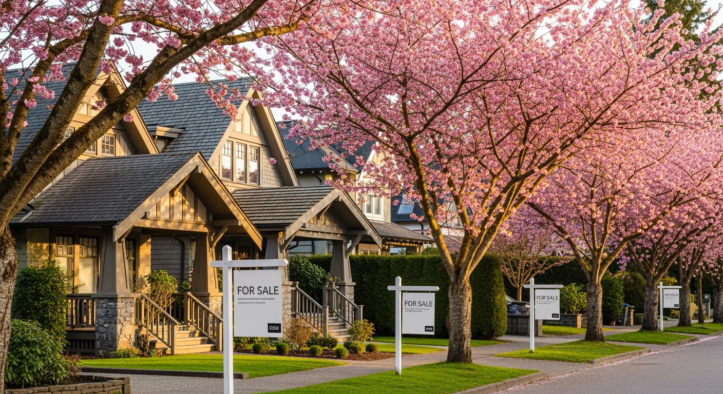 Cherry blossom lined residential street in Vancouver with for sale signs on front lawns during spring