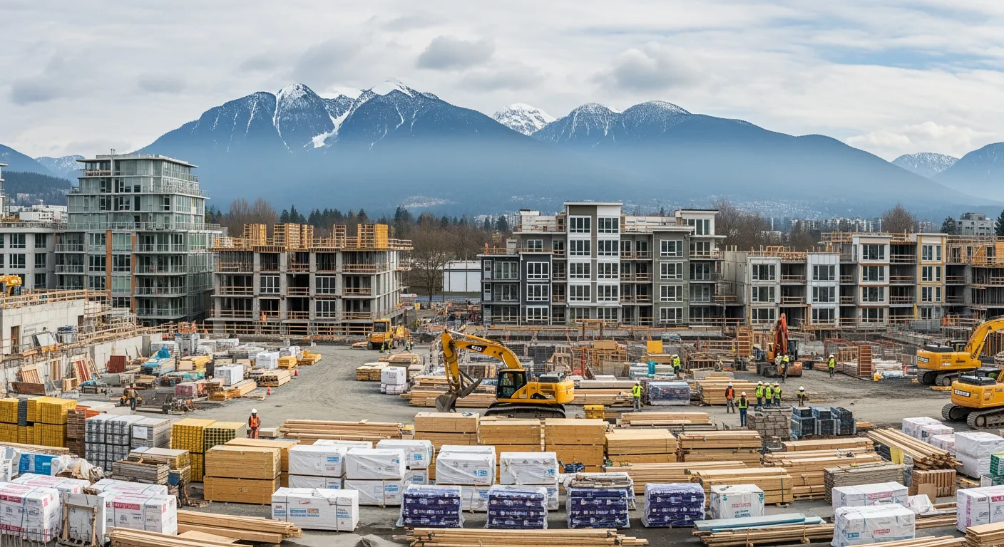 Stacked lumber at a Vancouver construction site with partially framed residential building in the background