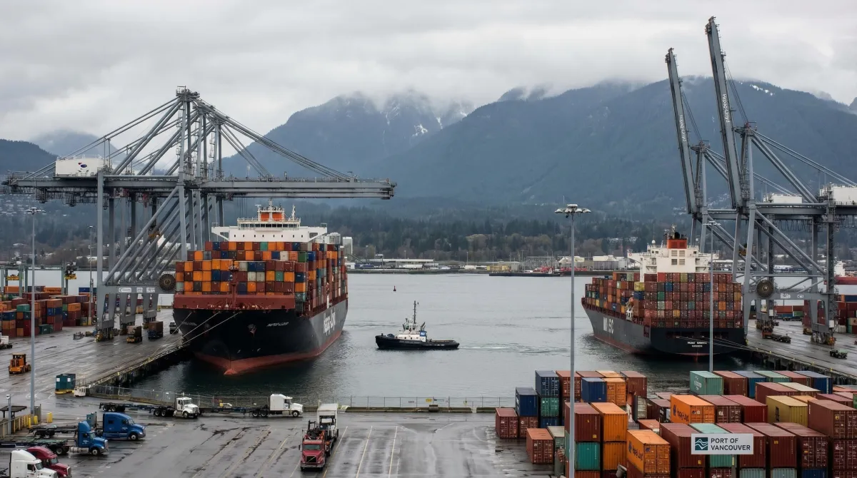 Vancouver harbour container port with cargo ships, cranes, and North Shore mountains under overcast sky