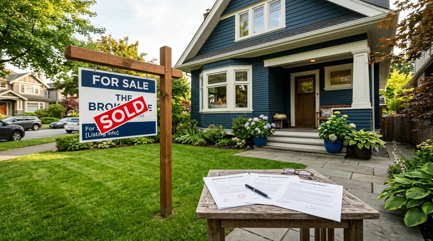 A Vancouver buyer and seller reviewing mortgage assumption paperwork at a kitchen table with a lender's rate sheet visible on a clear afternoon