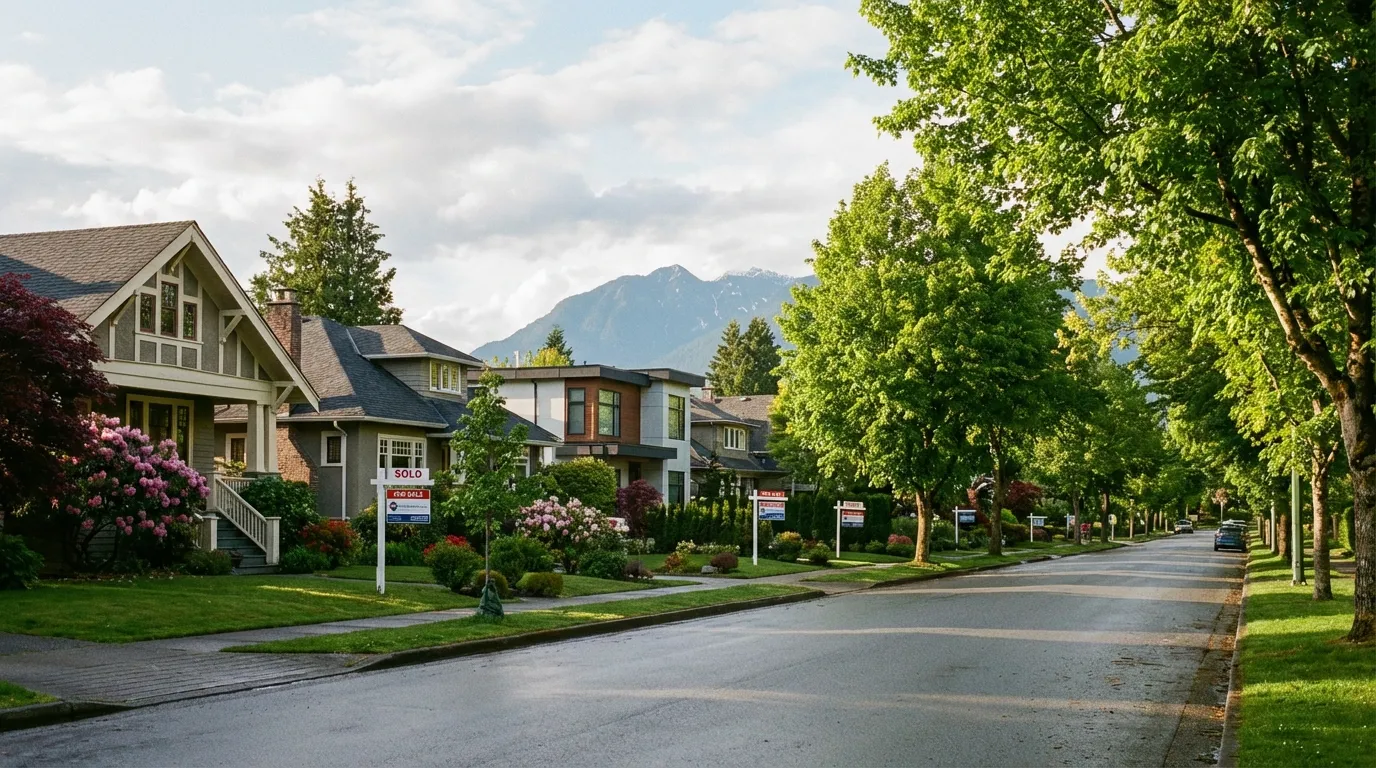 Vancouver residential street with mixed architectural styles, real estate signs, and North Shore mountains in the background