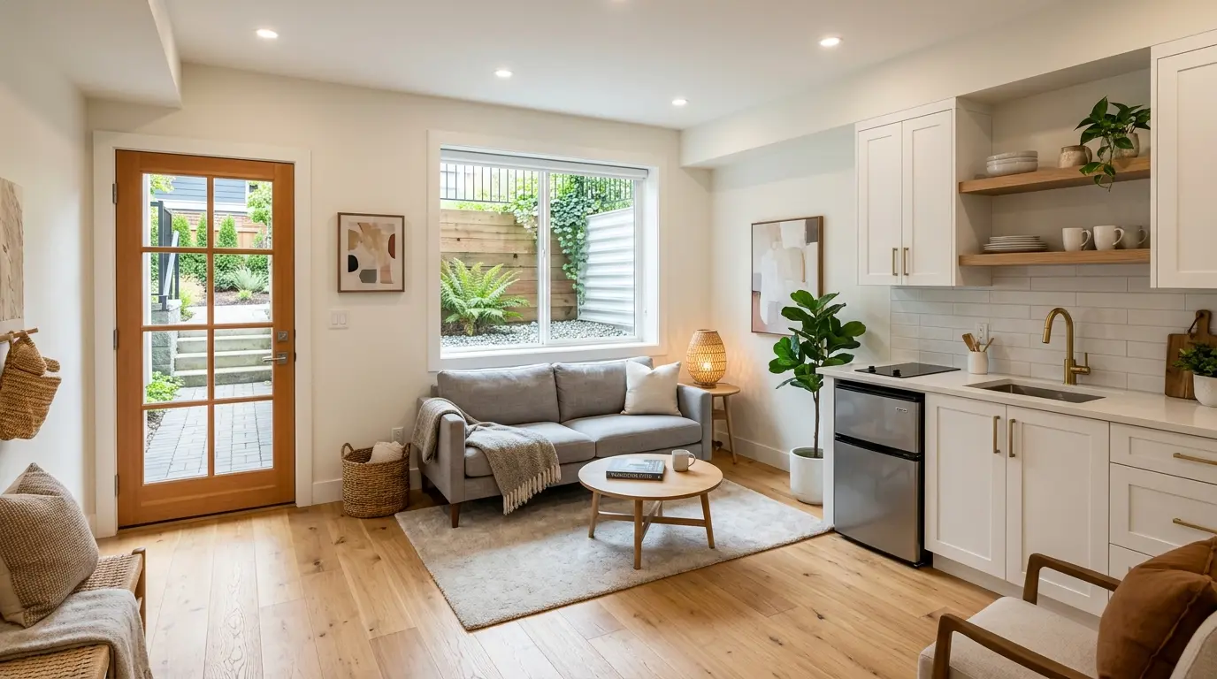 A bright, finished basement suite in a Vancouver home with a separate side entrance, kitchenette, and egress window