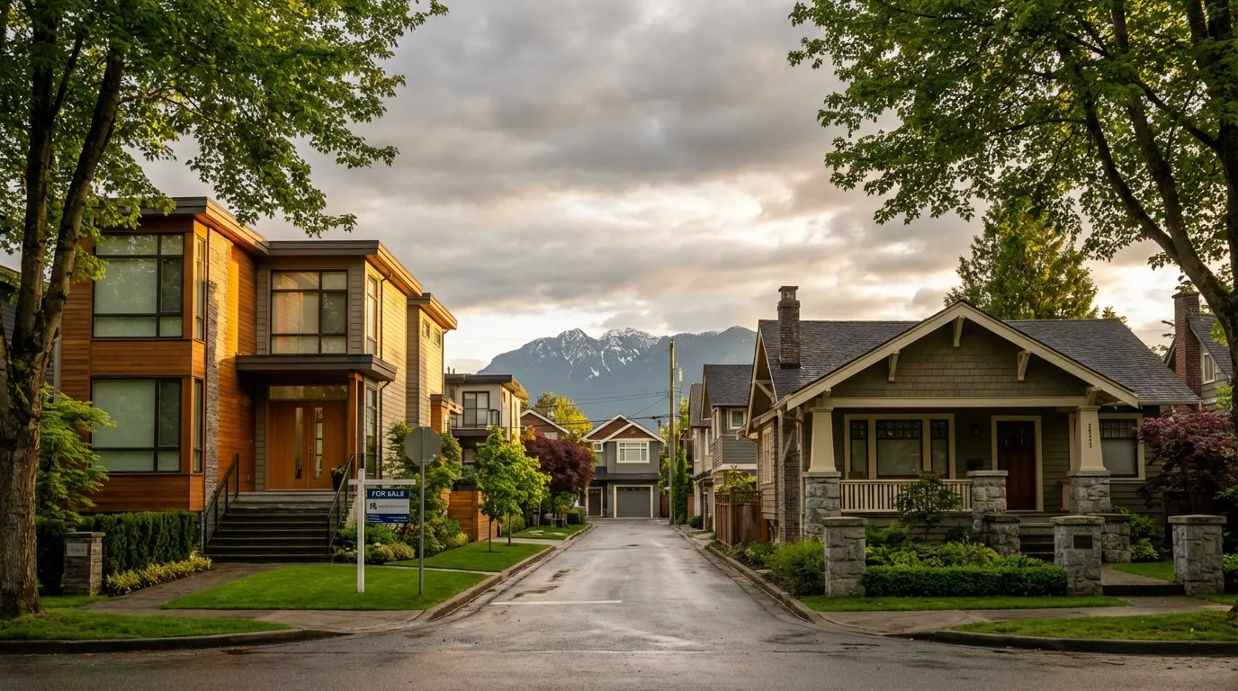 Vancouver residential street with modern and craftsman homes, For Sale sign, and North Shore mountains in background
