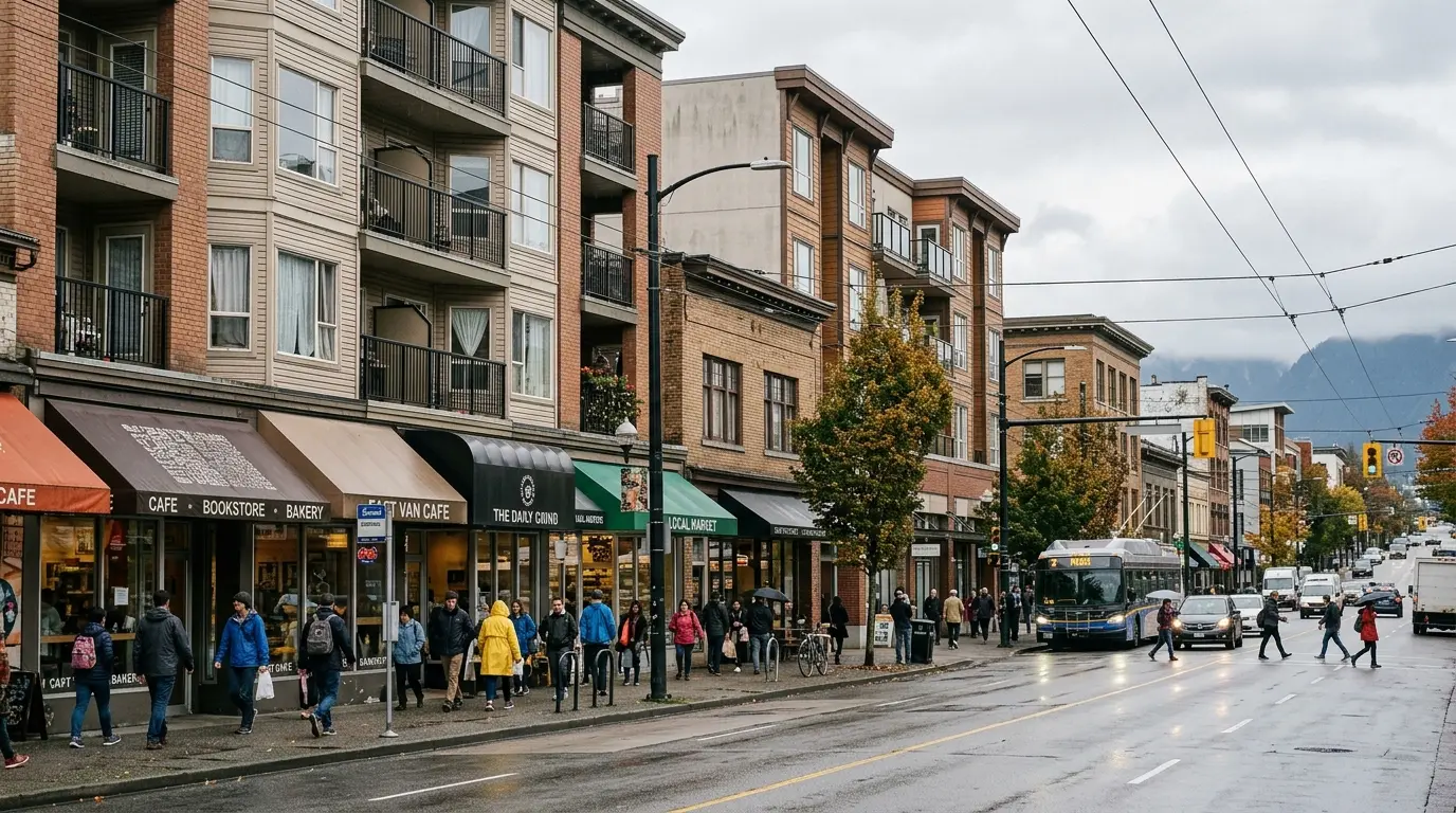 A Commercial Drive mixed-use building in Vancouver with retail storefronts at street level and residential apartments above