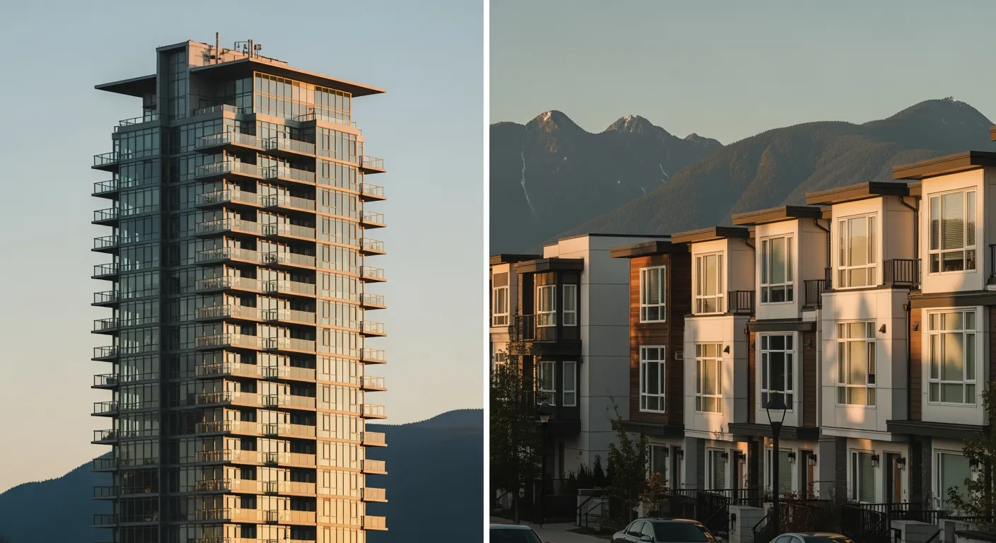 Split view of a modern Vancouver condo building and a row of contemporary townhouses with landscaped gardens