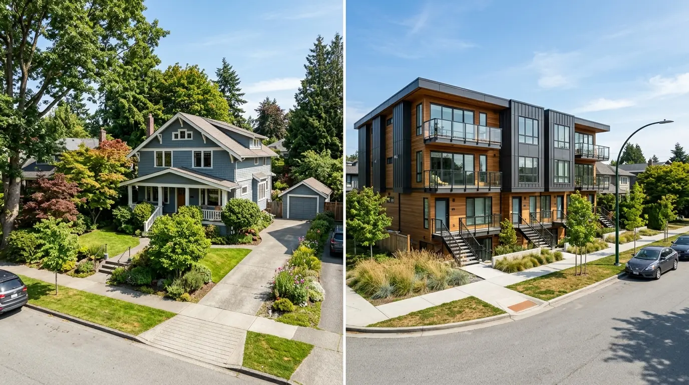 A single detached Vancouver house next to an architectural rendering of a small multiplex on the same lot, illustrating the hold-versus-redevelop choice on a clear day