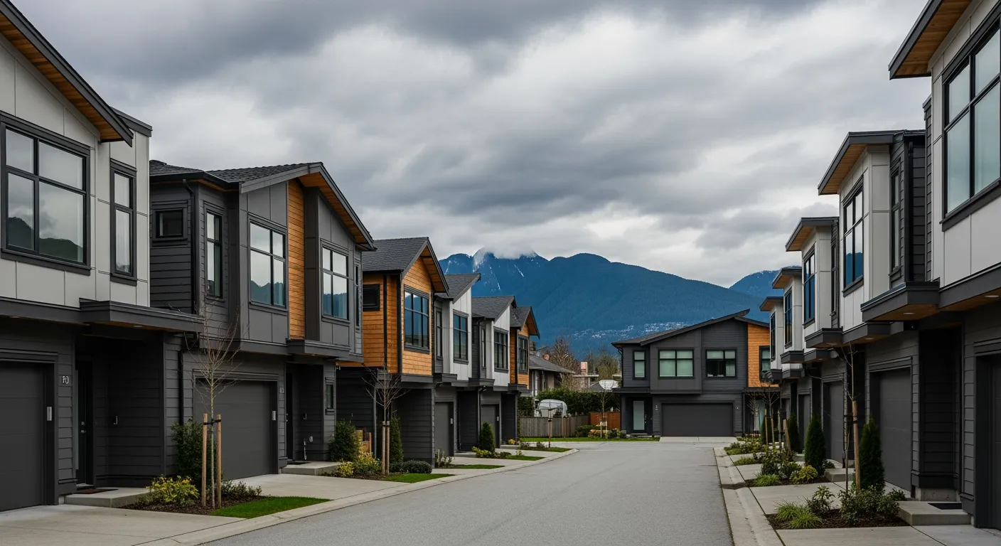 Empty modern Vancouver homes with dark windows on a quiet residential street with North Shore mountains in the background