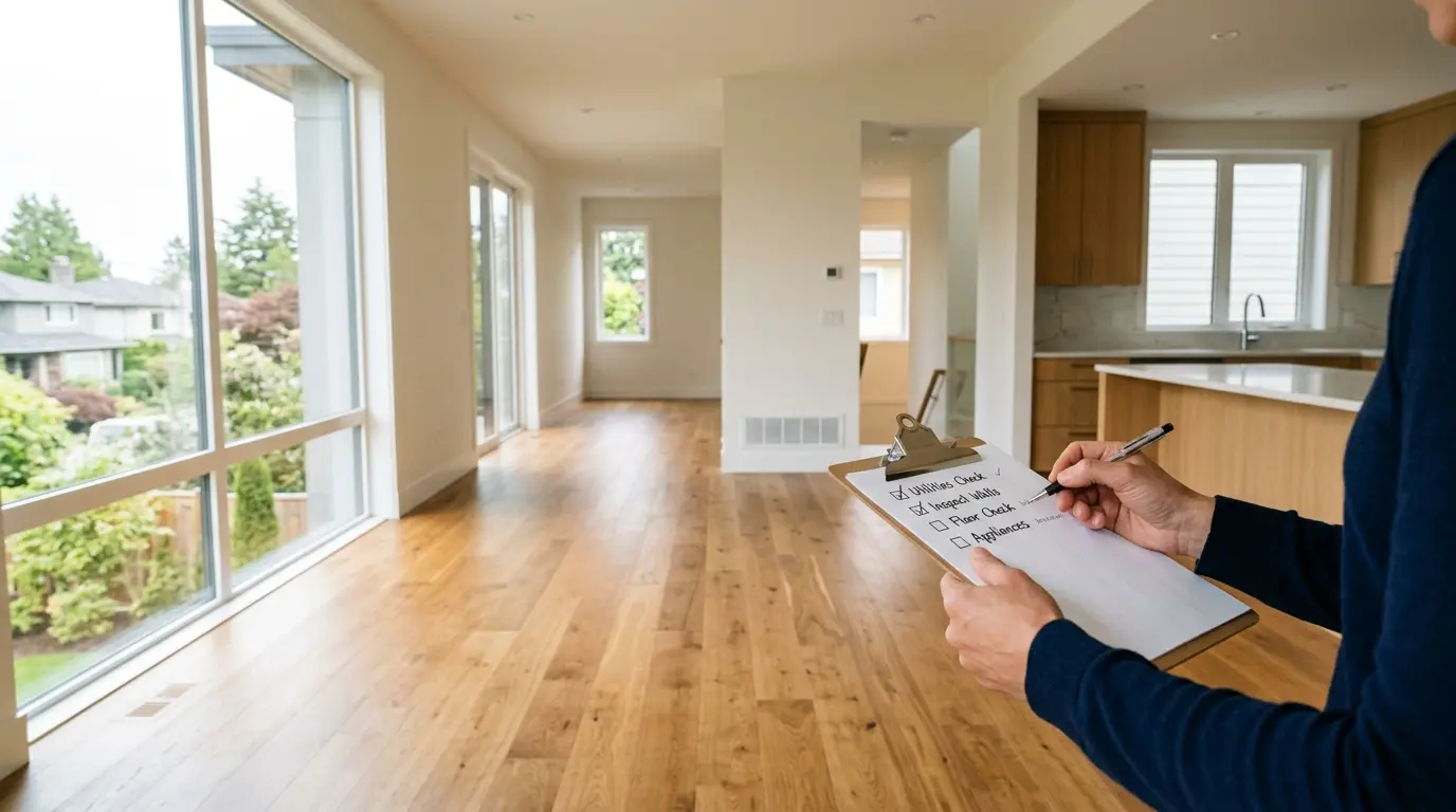 Home buyer checking taps and appliances during a final walkthrough in an empty Vancouver condo with natural light and a checklist in hand