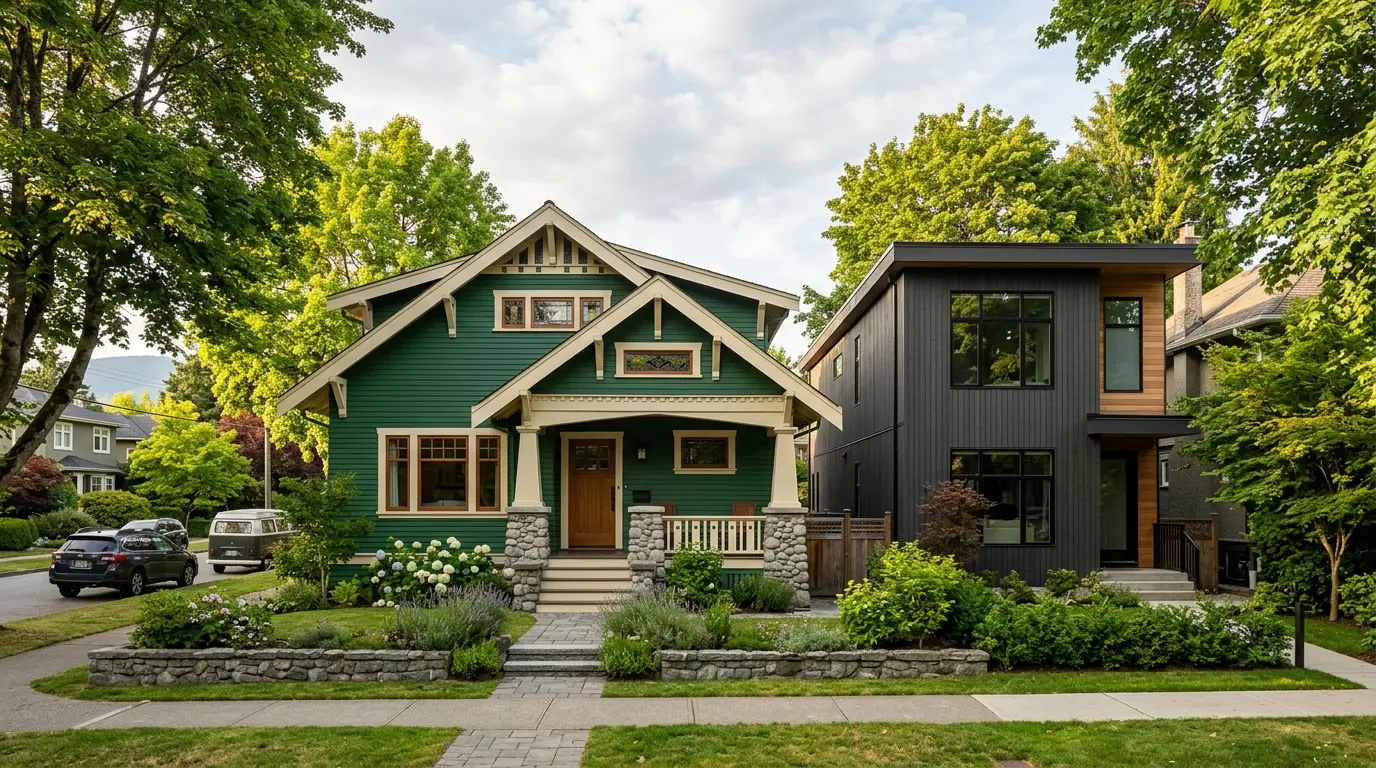 Restored heritage character home in Vancouver with a new infill dwelling behind it, on a leafy residential street in summer
