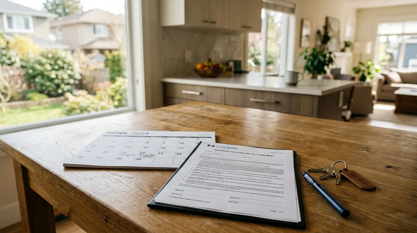 Buyer reviewing a real estate contract at a kitchen table with a calendar and pen, sunlight coming through a Vancouver apartment window