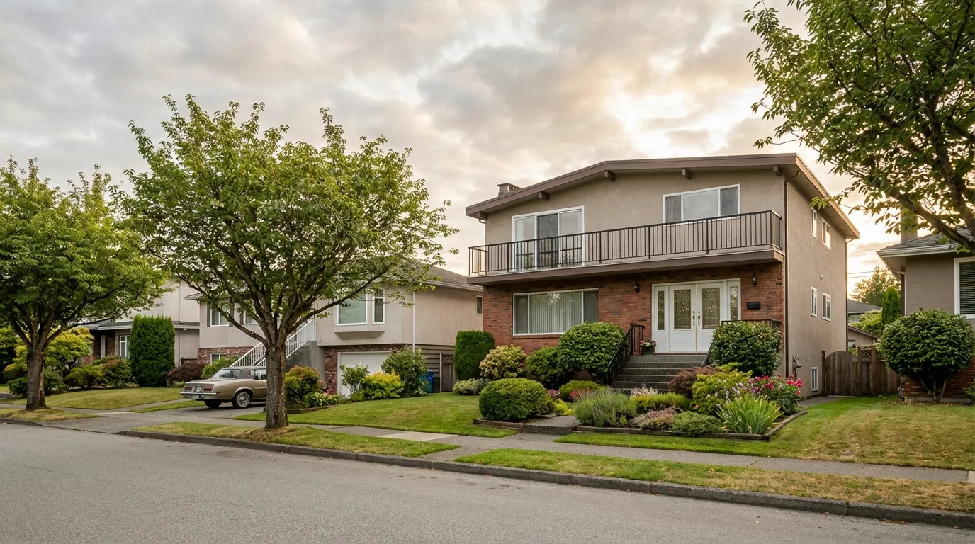 Vancouver Special home with upper and lower suites on a quiet residential street, ideal for co-ownership